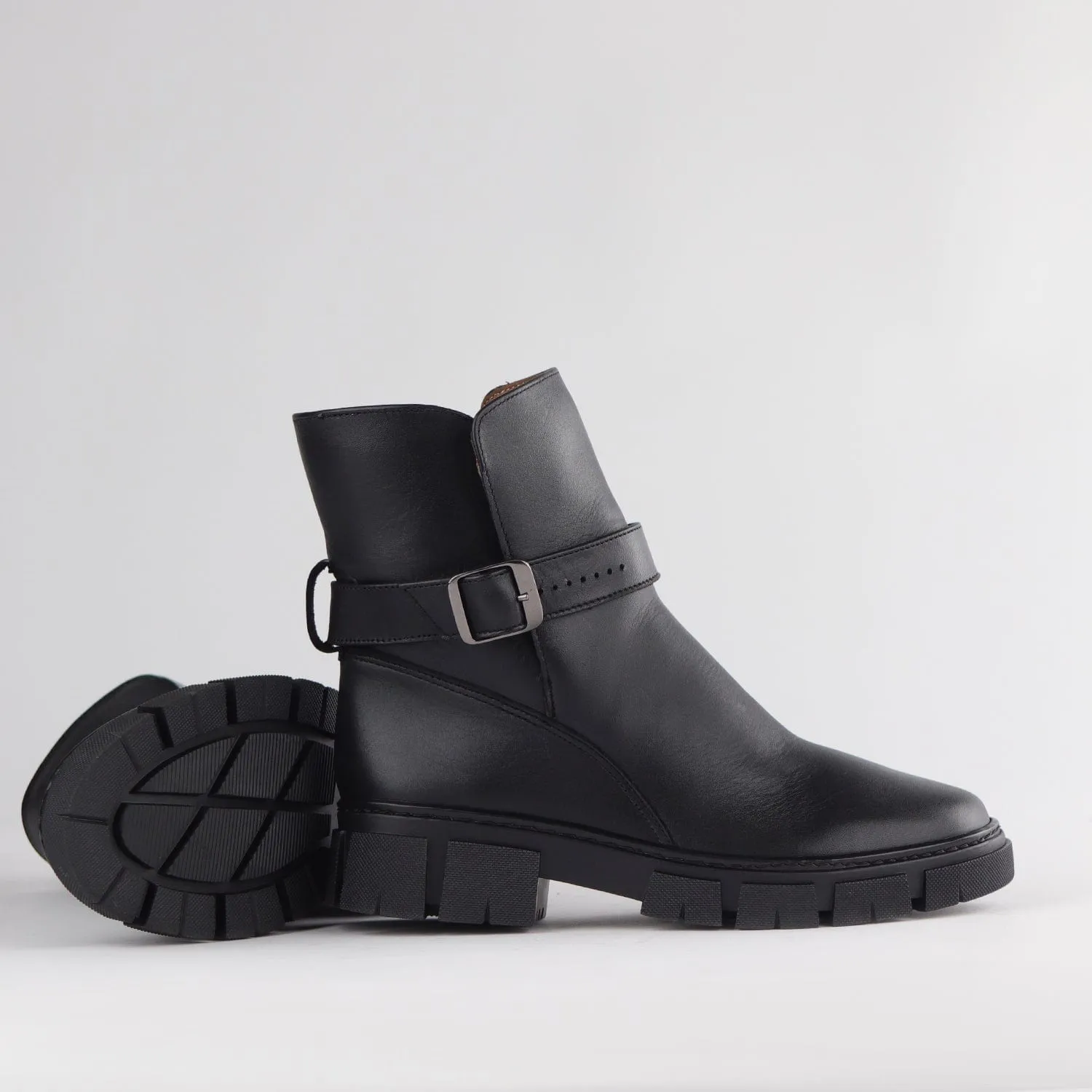 Ankle Boot with a Chunky Twist Sole and Strap in Black - 12799