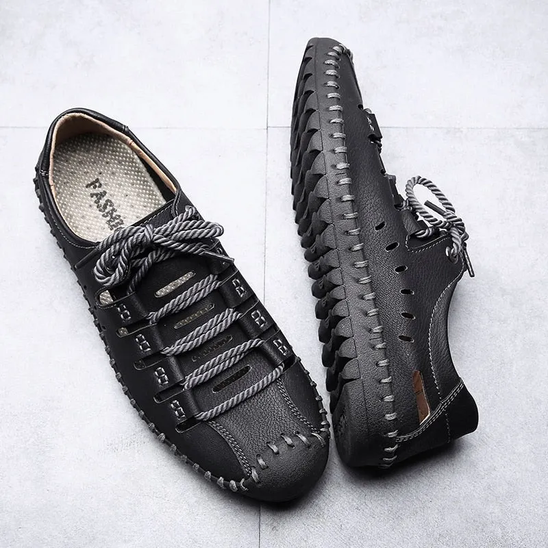 Black Penny Loafers Leather Shoes Men Flats Moccasins Hollow Shoes