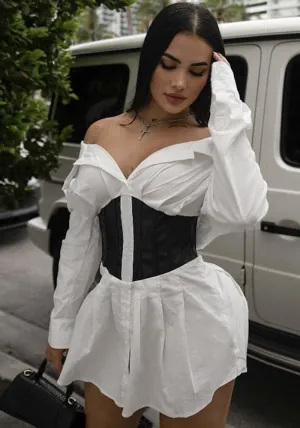 Bold Off-Shoulder Shirt Dress with Sleek Contrast Corset Waist