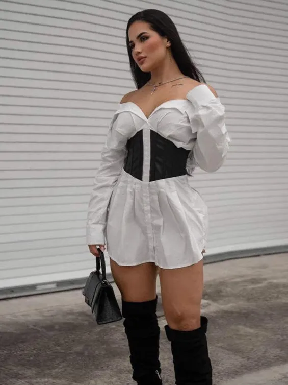 Bold Off-Shoulder Shirt Dress with Sleek Contrast Corset Waist
