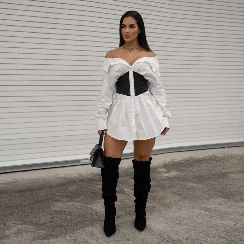 Bold Off-Shoulder Shirt Dress with Sleek Contrast Corset Waist
