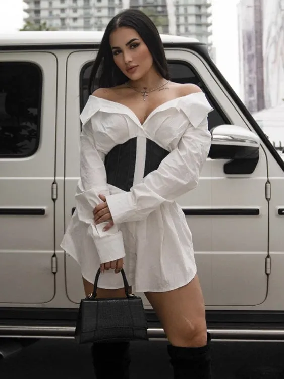 Bold Off-Shoulder Shirt Dress with Sleek Contrast Corset Waist