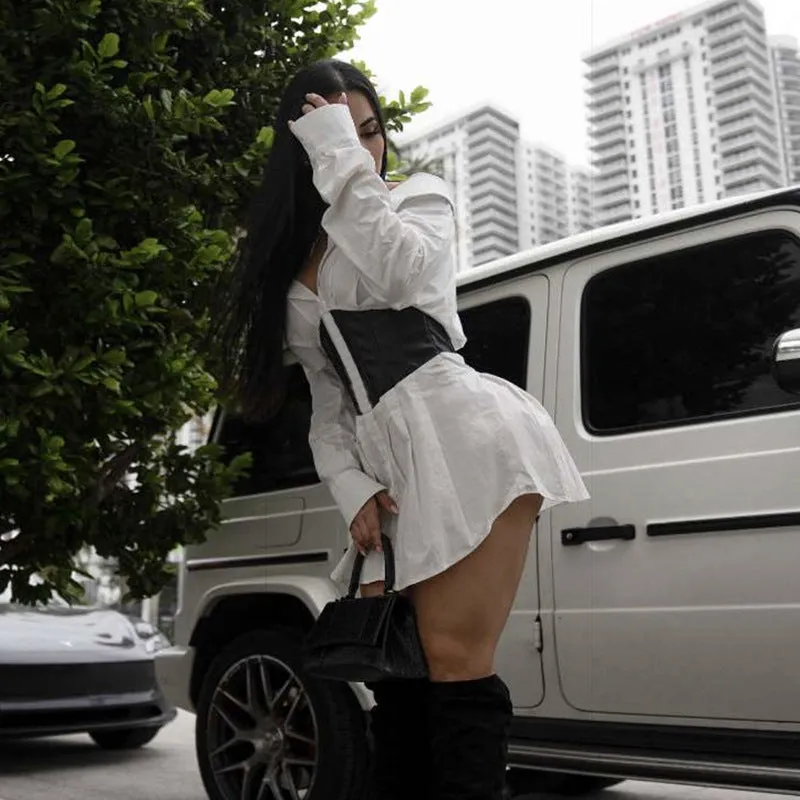 Bold Off-Shoulder Shirt Dress with Sleek Contrast Corset Waist