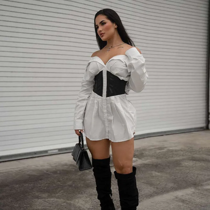 Bold Off-Shoulder Shirt Dress with Sleek Contrast Corset Waist