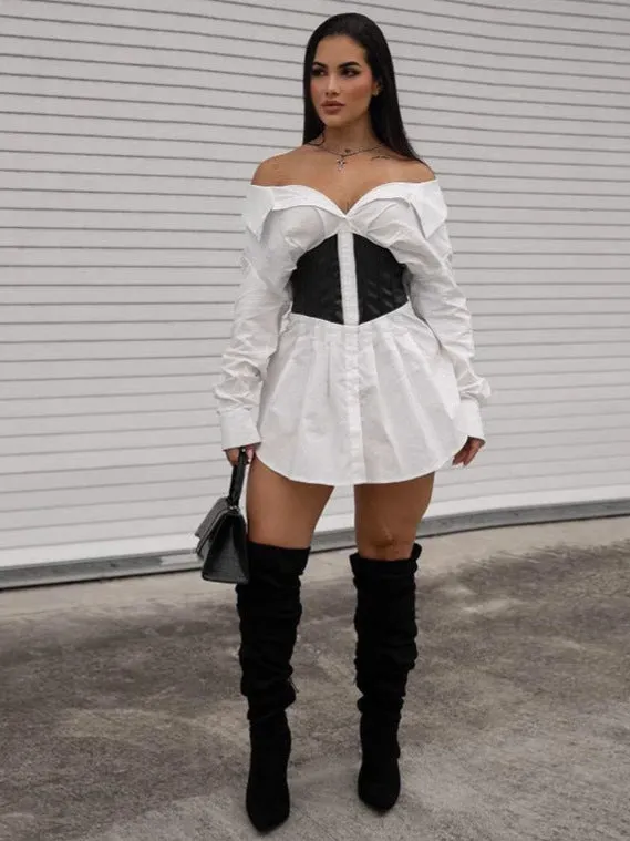 Bold Off-Shoulder Shirt Dress with Sleek Contrast Corset Waist