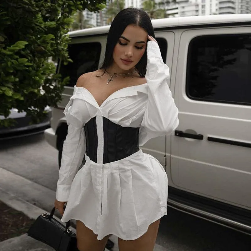 Bold Off-Shoulder Shirt Dress with Sleek Contrast Corset Waist