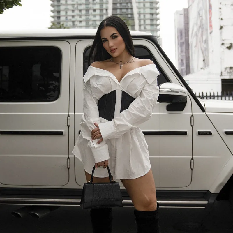 Bold Off-Shoulder Shirt Dress with Sleek Contrast Corset Waist