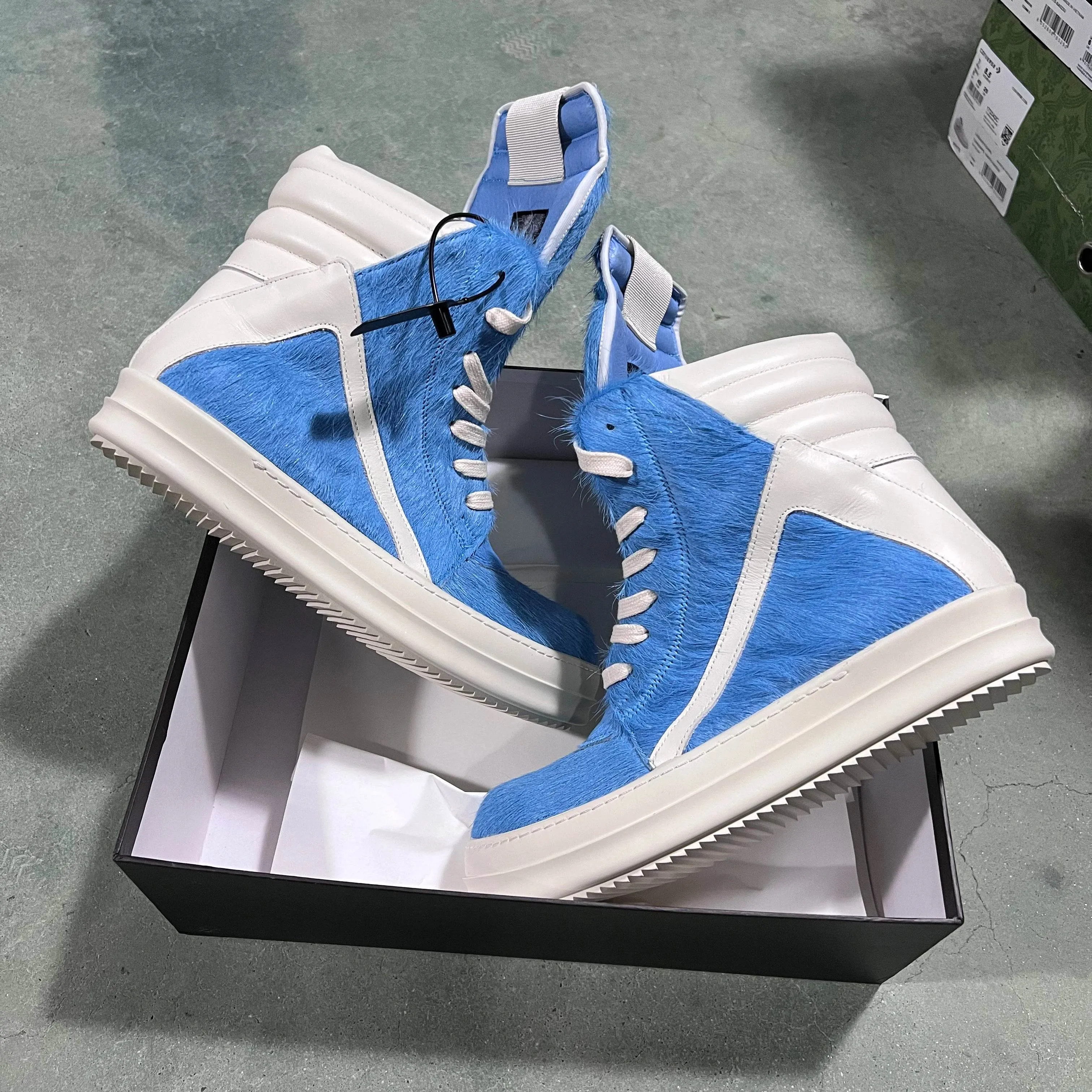 Brand Women Sneaker Horse Fur Casual Roman High Top Men Shoe Leather Geobasket Blue Zip Designer Quality Thick-sole Ankle Boot