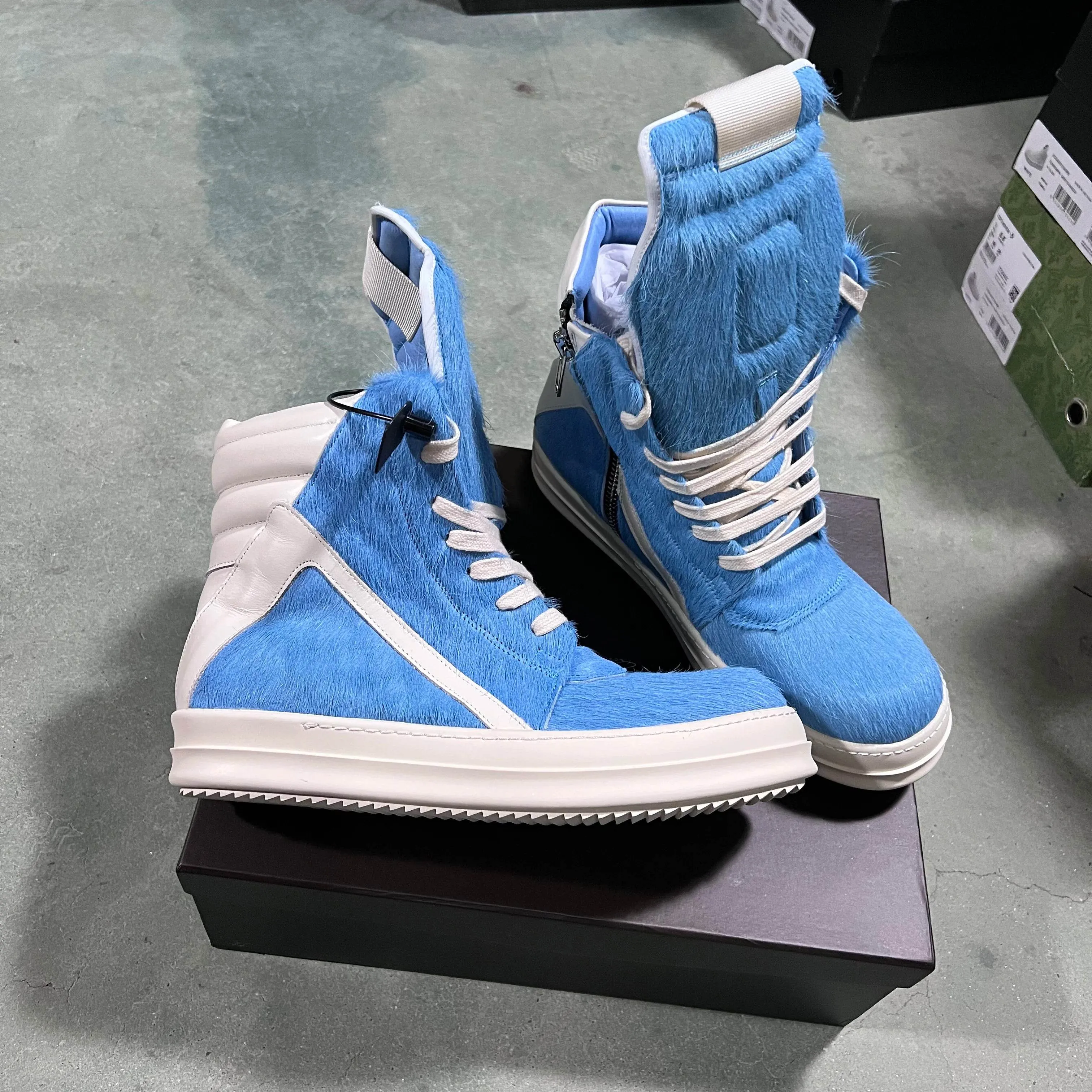 Brand Women Sneaker Horse Fur Casual Roman High Top Men Shoe Leather Geobasket Blue Zip Designer Quality Thick-sole Ankle Boot