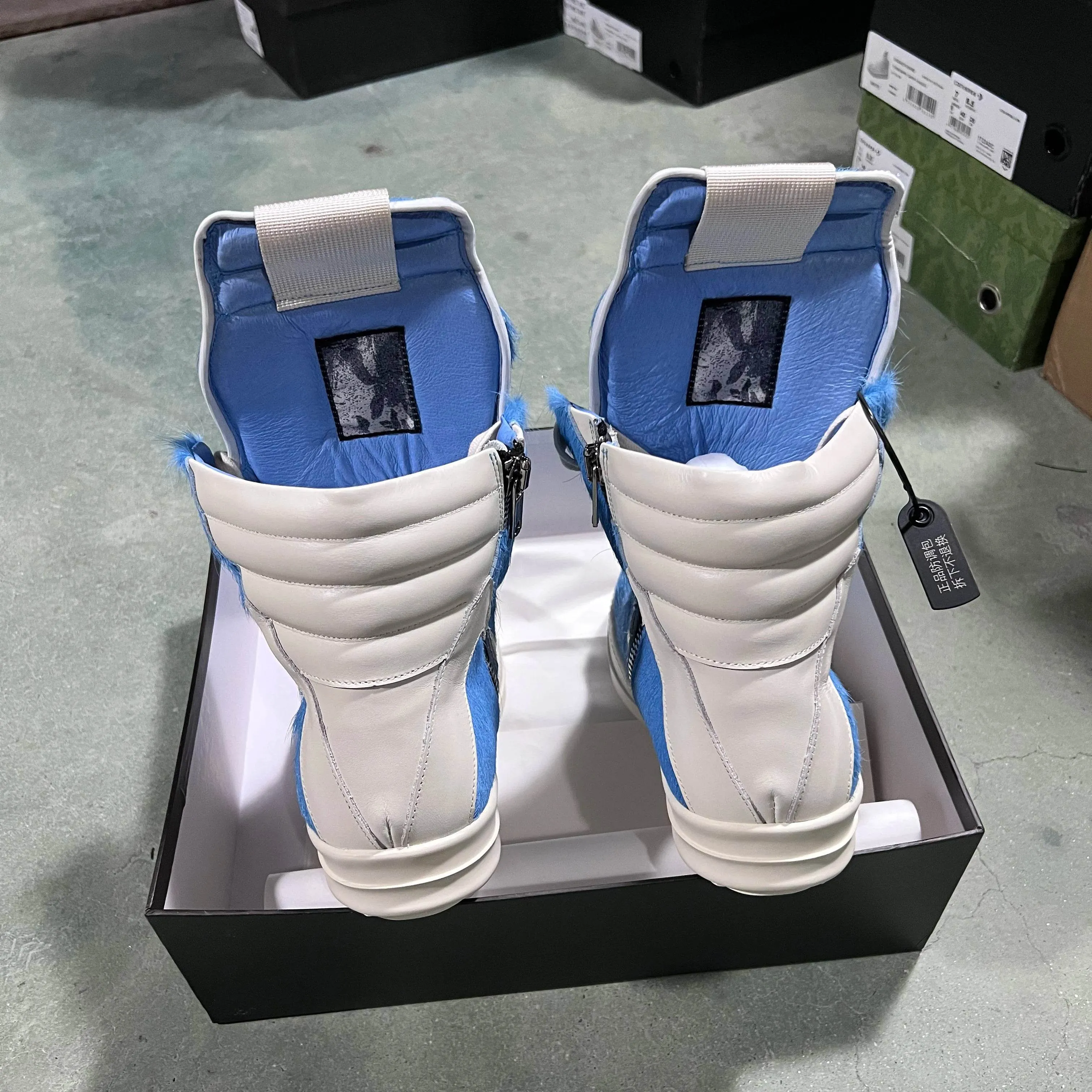 Brand Women Sneaker Horse Fur Casual Roman High Top Men Shoe Leather Geobasket Blue Zip Designer Quality Thick-sole Ankle Boot