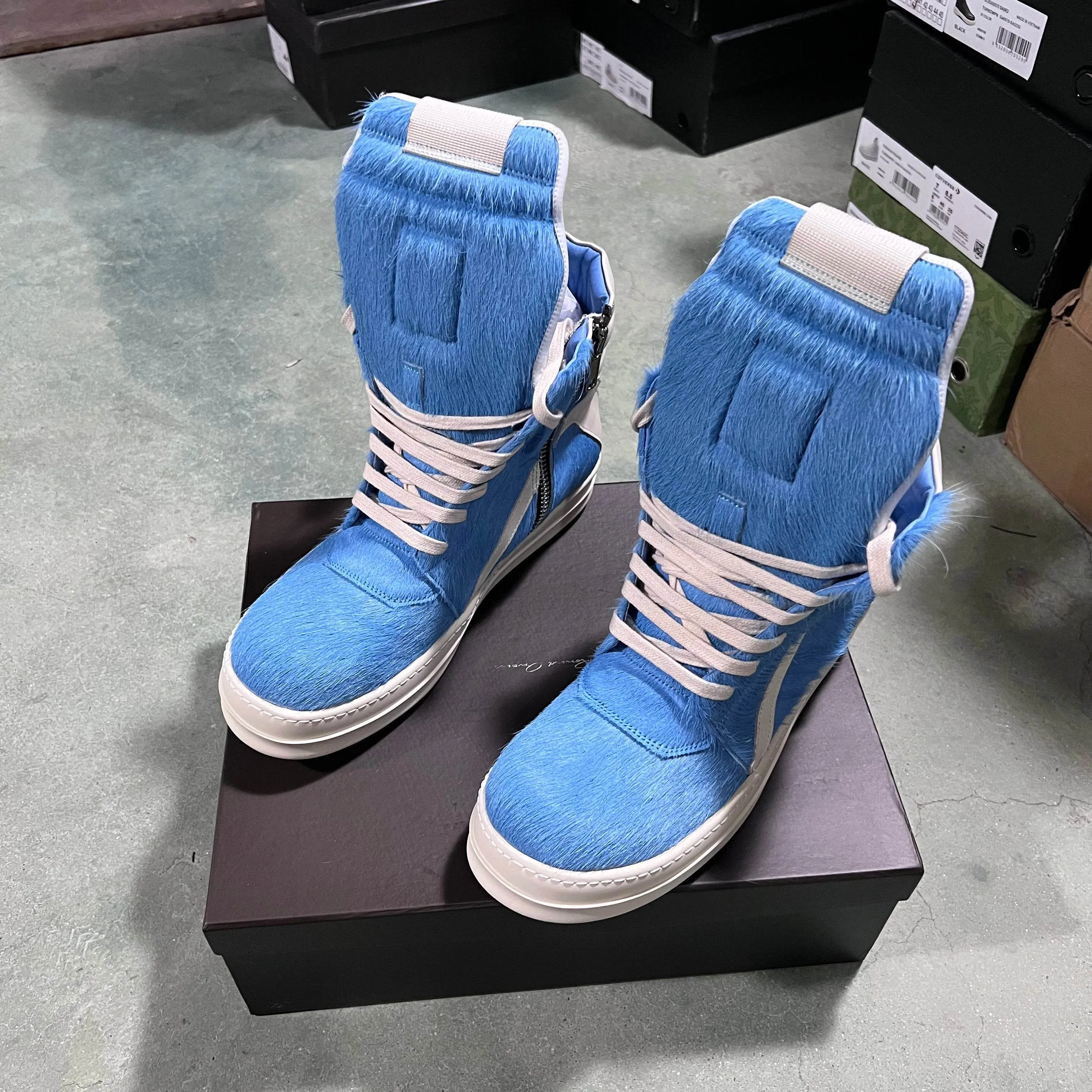 Brand Women Sneaker Horse Fur Casual Roman High Top Men Shoe Leather Geobasket Blue Zip Designer Quality Thick-sole Ankle Boot