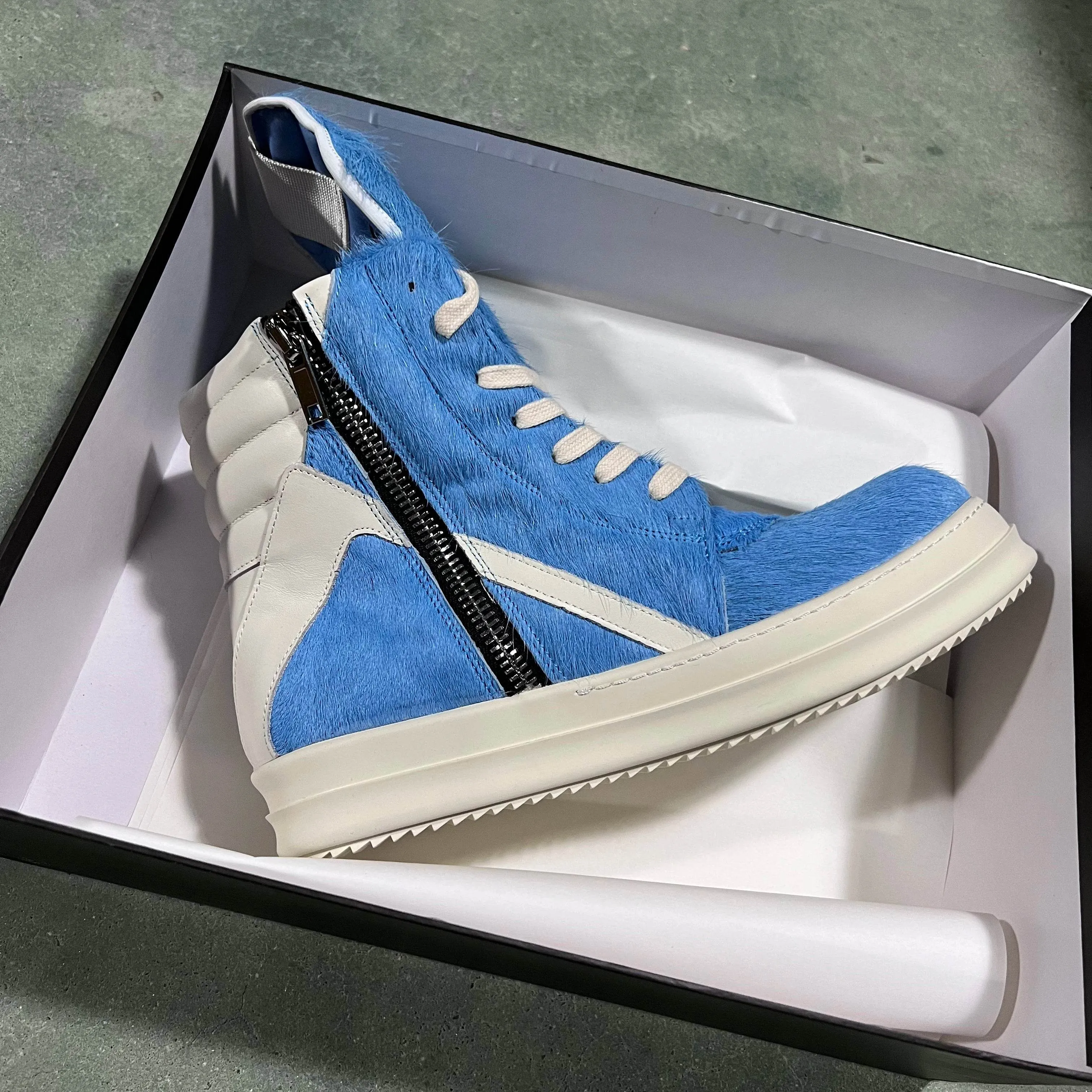 Brand Women Sneaker Horse Fur Casual Roman High Top Men Shoe Leather Geobasket Blue Zip Designer Quality Thick-sole Ankle Boot