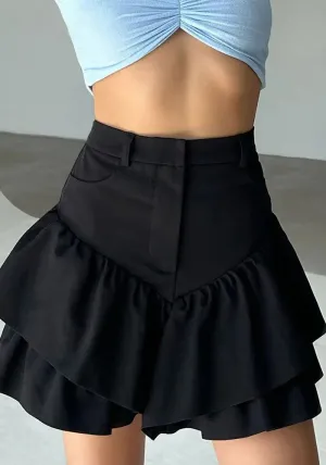 Chic High-Waisted Layered Black Linen Mini Skirt