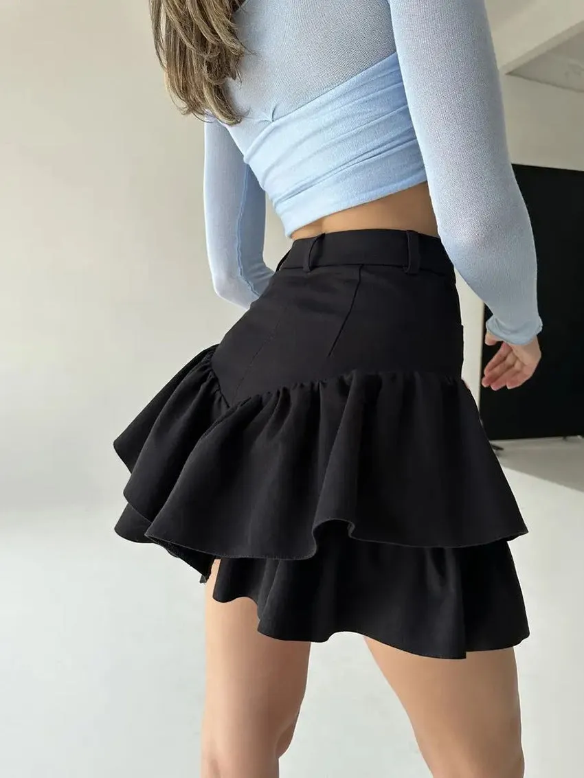 Chic High-Waisted Layered Black Linen Mini Skirt