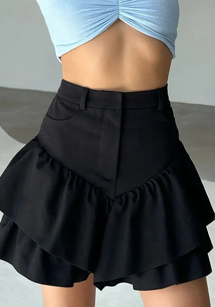 Chic High-Waisted Layered Black Linen Mini Skirt