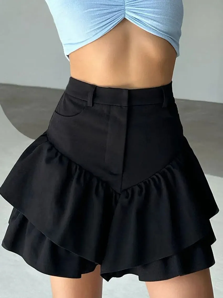 Chic High-Waisted Layered Black Linen Mini Skirt