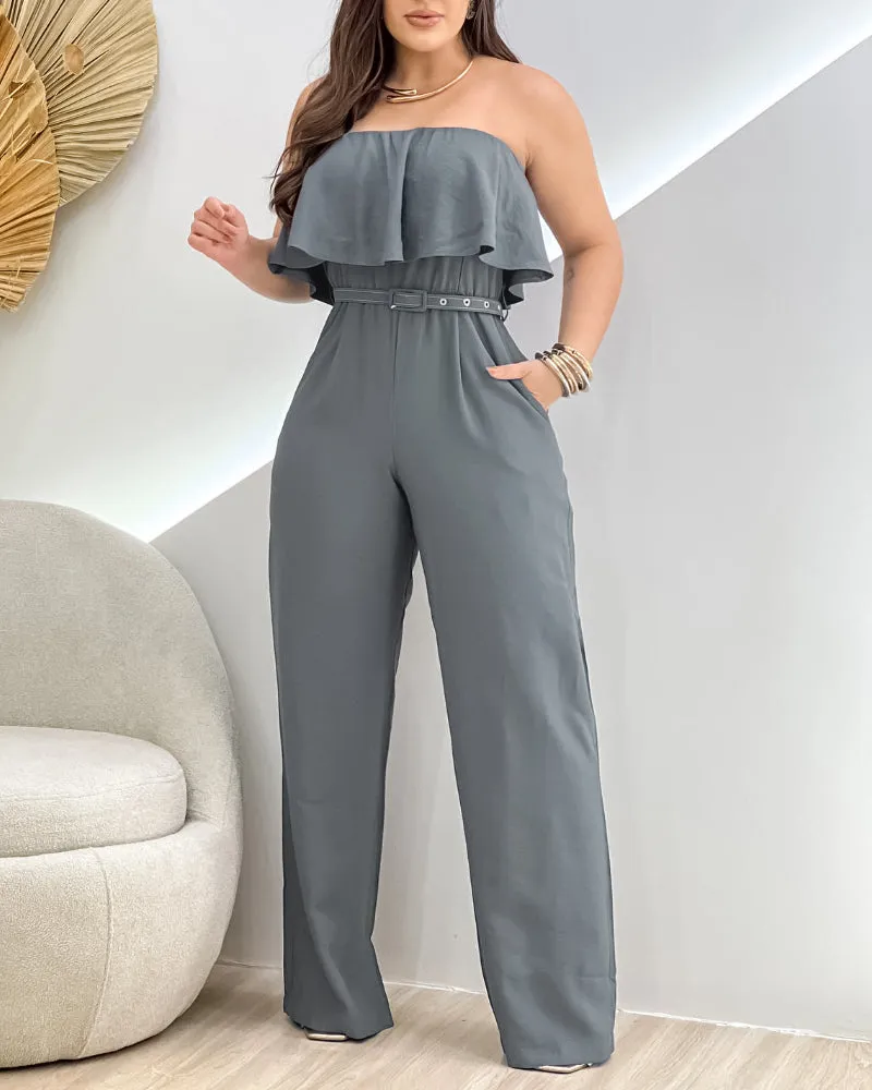 Chic Strapless Ruffle Off-Shoulder Belted Wide-Leg Jumpsuit
