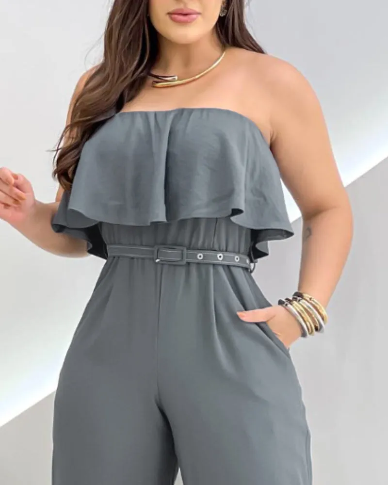 Chic Strapless Ruffle Off-Shoulder Belted Wide-Leg Jumpsuit
