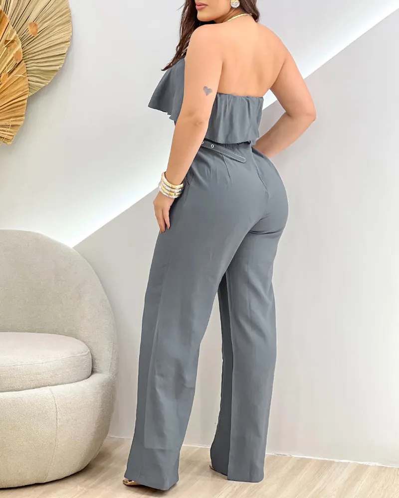 Chic Strapless Ruffle Off-Shoulder Belted Wide-Leg Jumpsuit