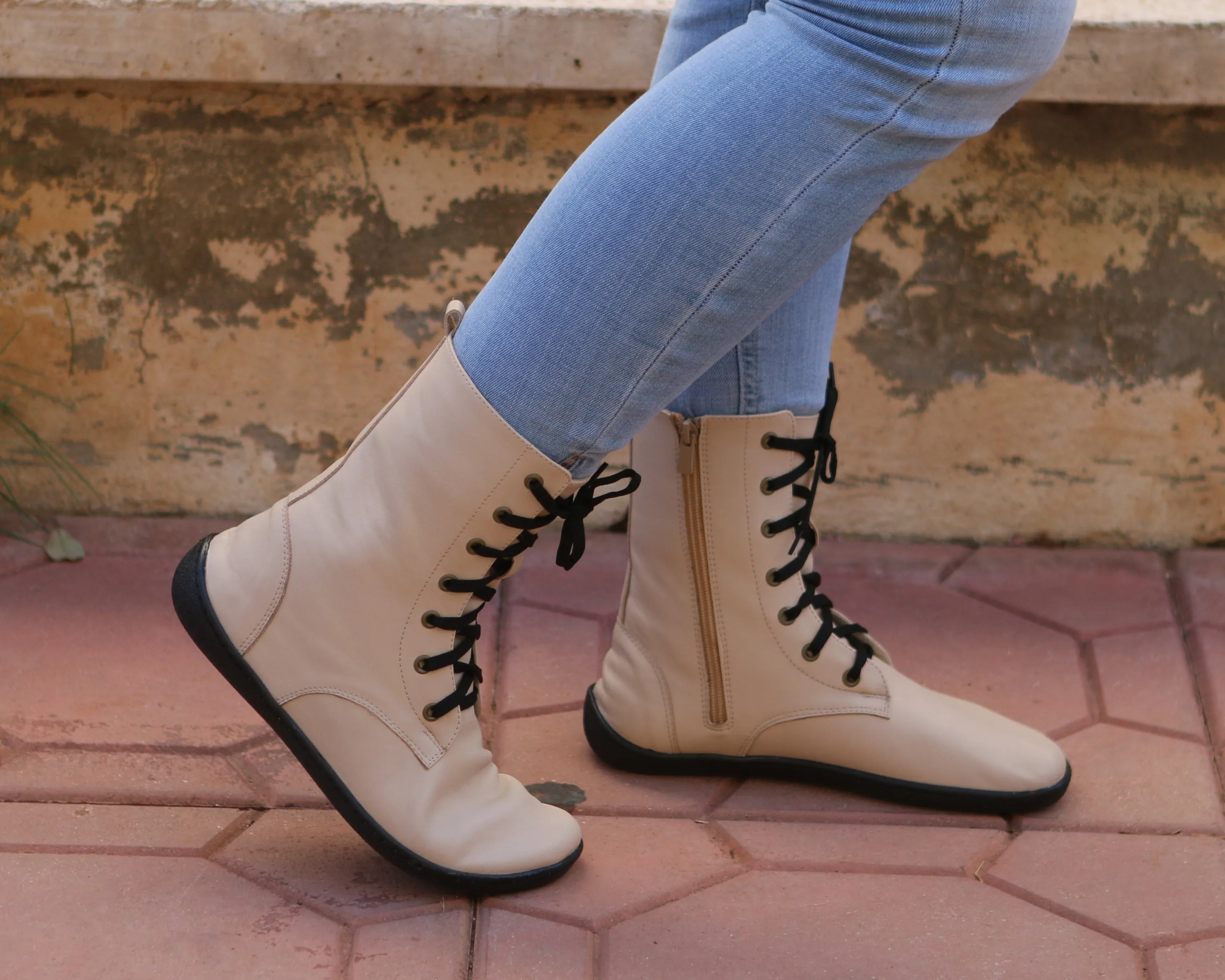 Cream Long Zipper Boots Wide Barefoot Shoes Smooth Leather Handmade 6mm Rubber Outsole