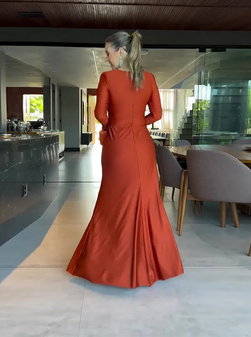 Elegant Long-Sleeve Wrap Maxi Dress with V-Neckline and Side Slit