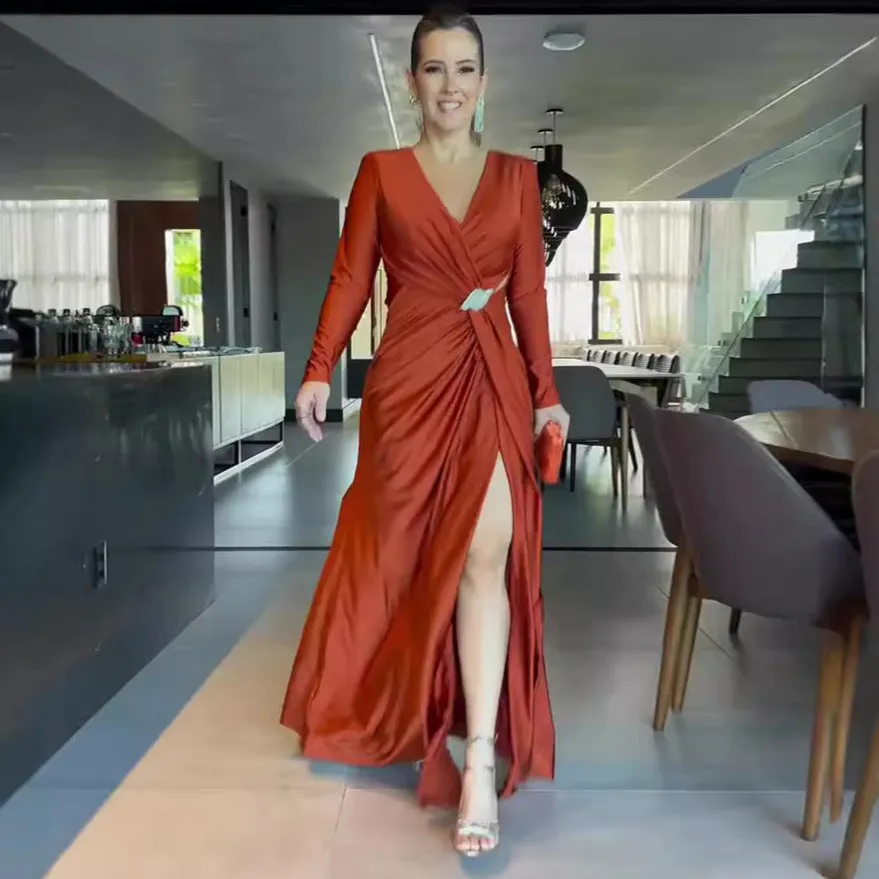 Elegant Long-Sleeve Wrap Maxi Dress with V-Neckline and Side Slit