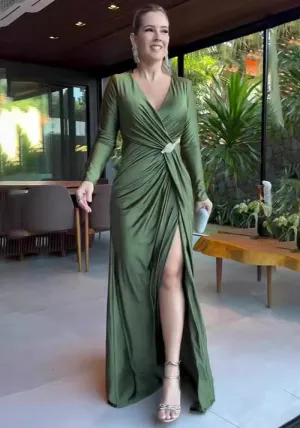 Elegant Long-Sleeve Wrap Maxi Dress with V-Neckline and Side Slit
