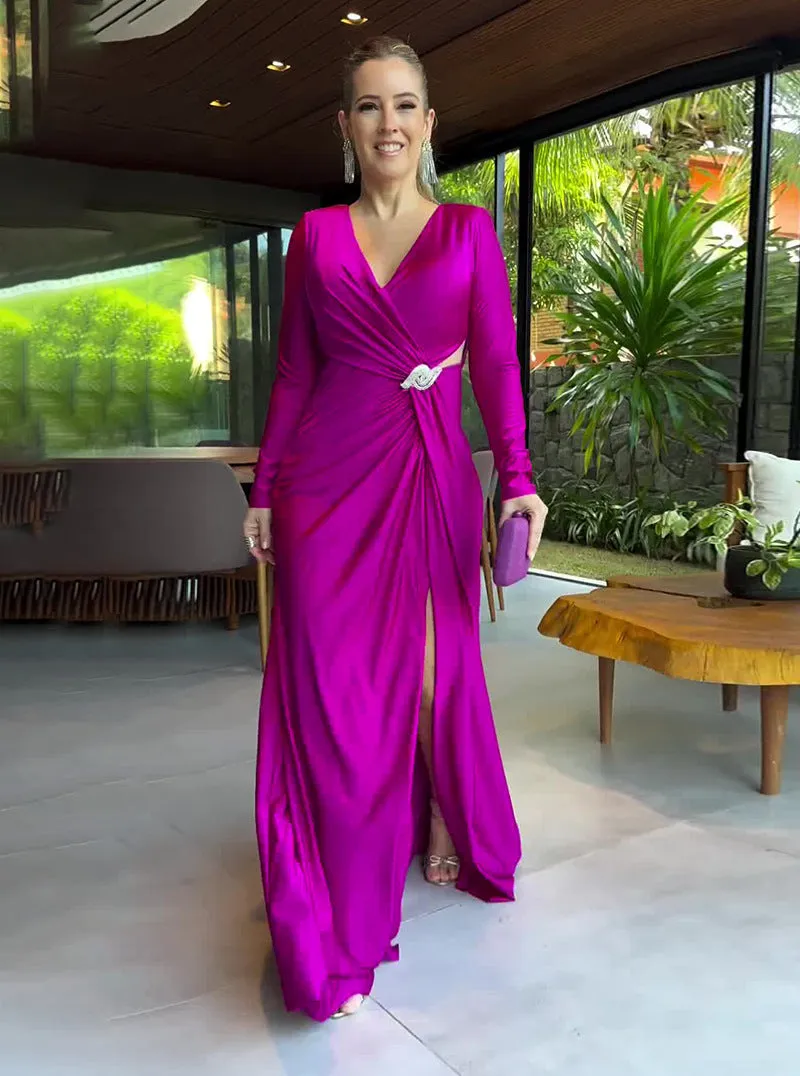 Elegant Long-Sleeve Wrap Maxi Dress with V-Neckline and Side Slit