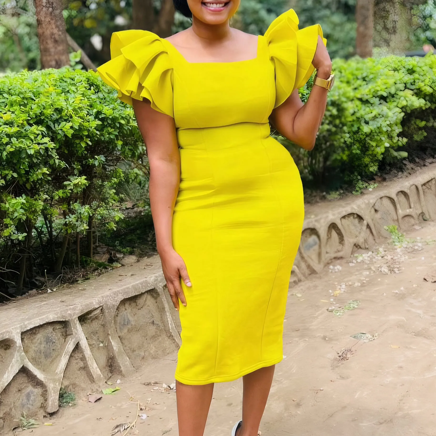 Elegant Ruffled Sleeve Square Neck Fitted Midi Dress