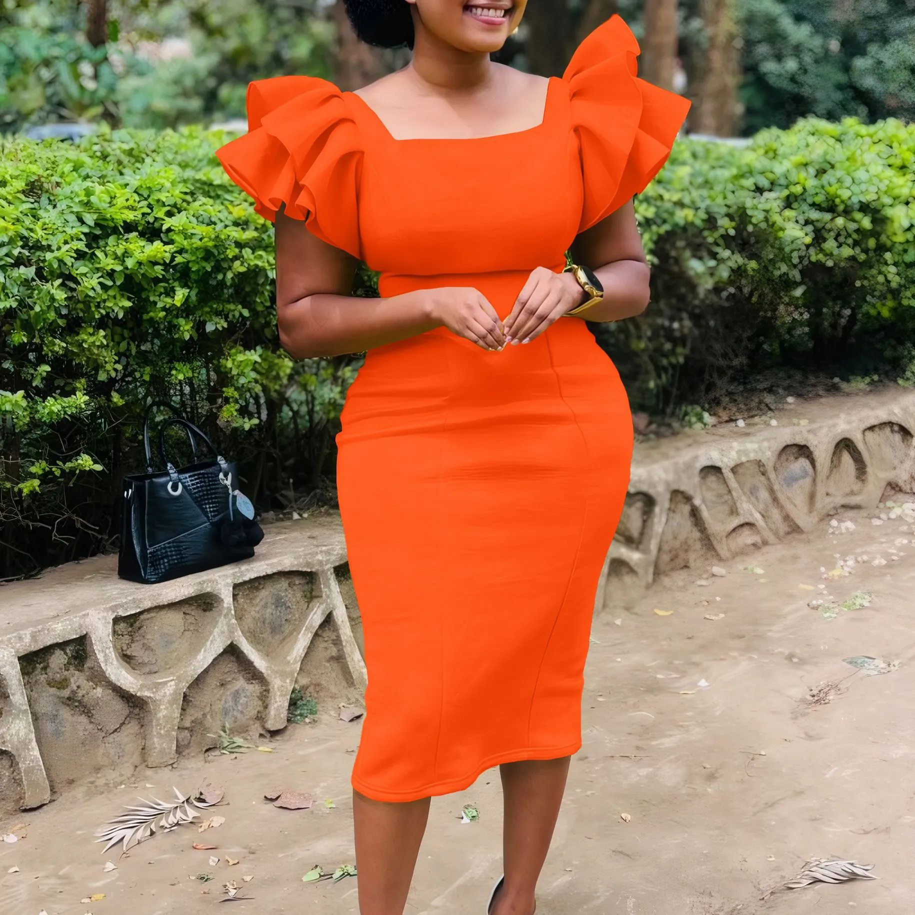 Elegant Ruffled Sleeve Square Neck Fitted Midi Dress