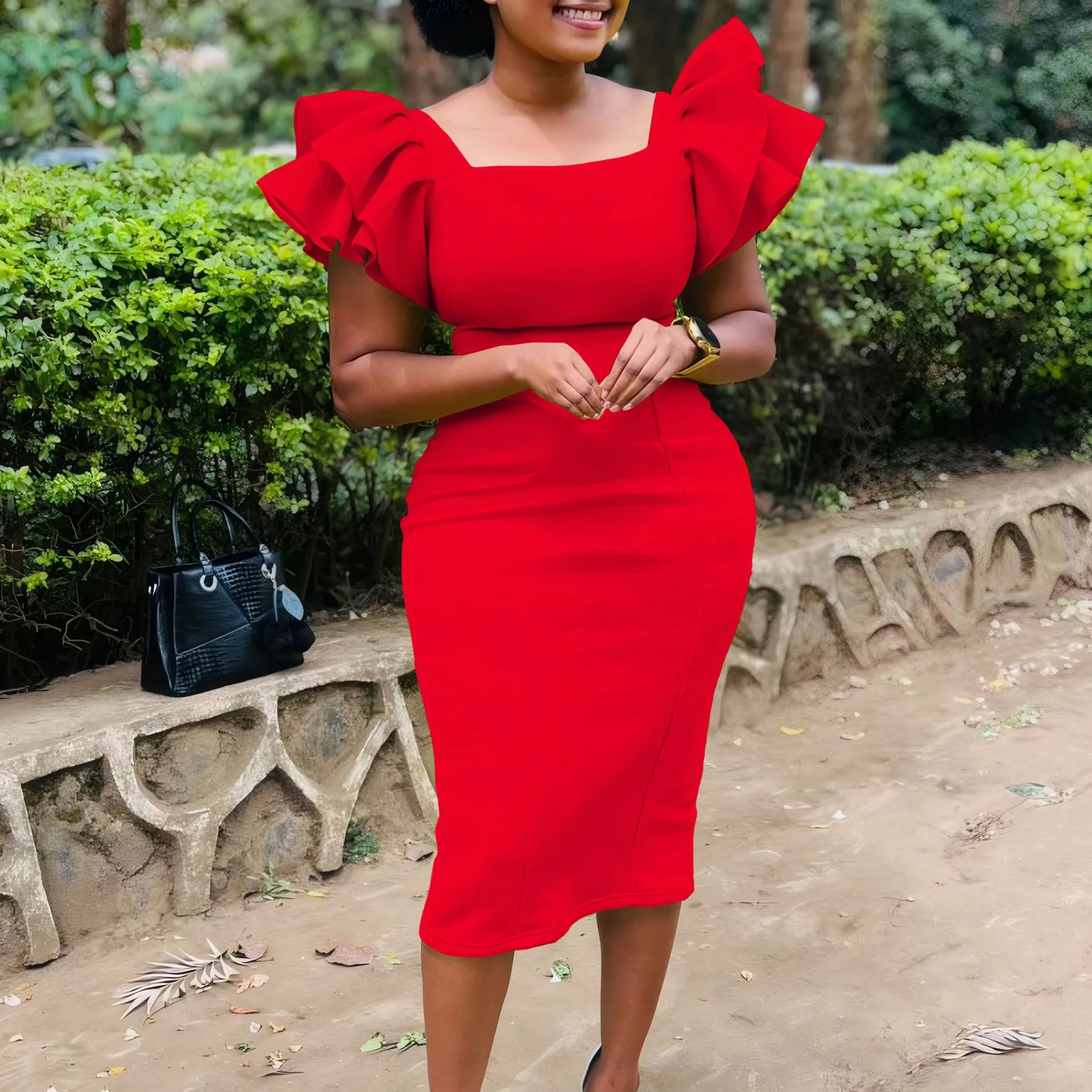 Elegant Ruffled Sleeve Square Neck Fitted Midi Dress