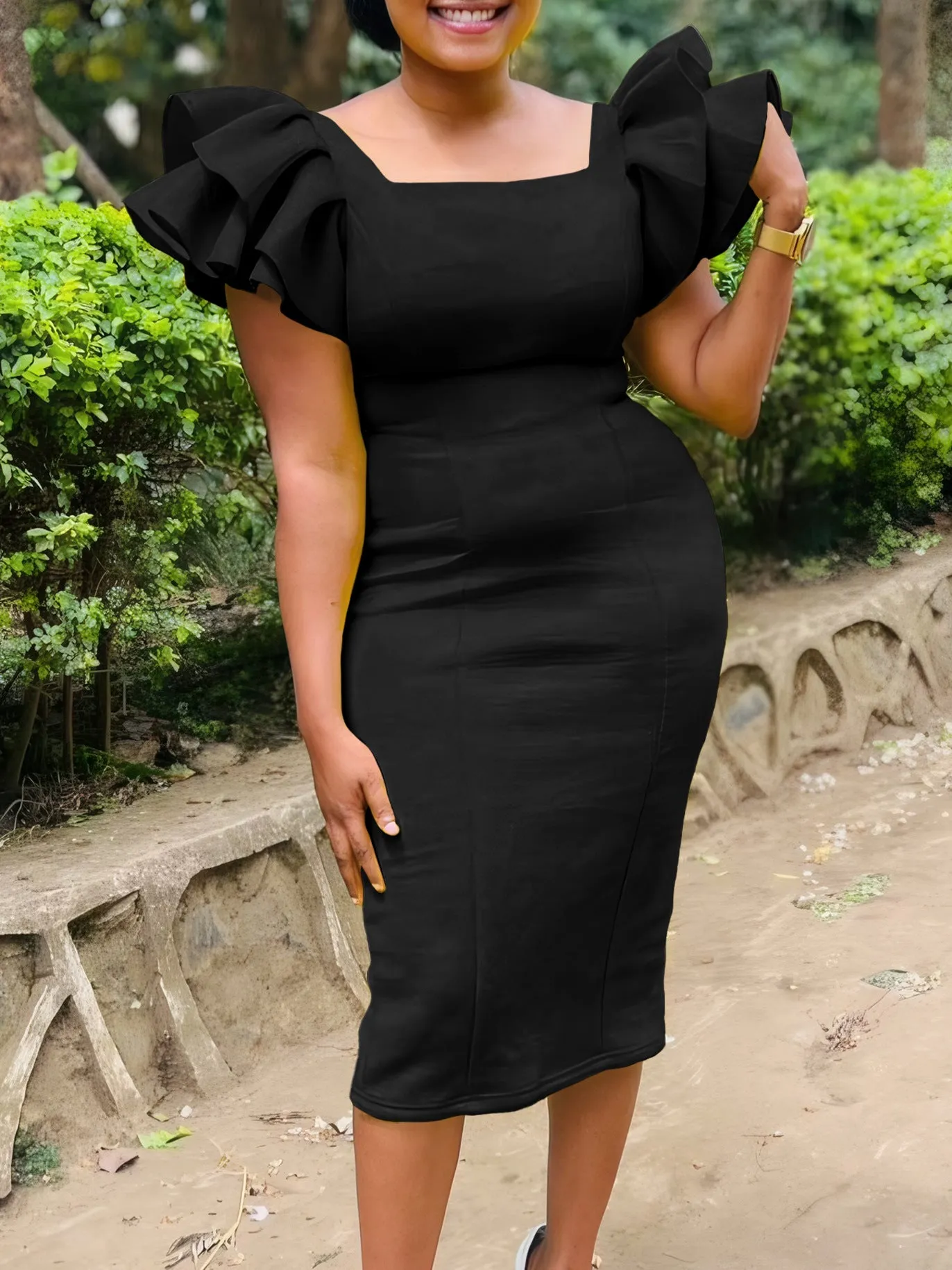 Elegant Ruffled Sleeve Square Neck Fitted Midi Dress
