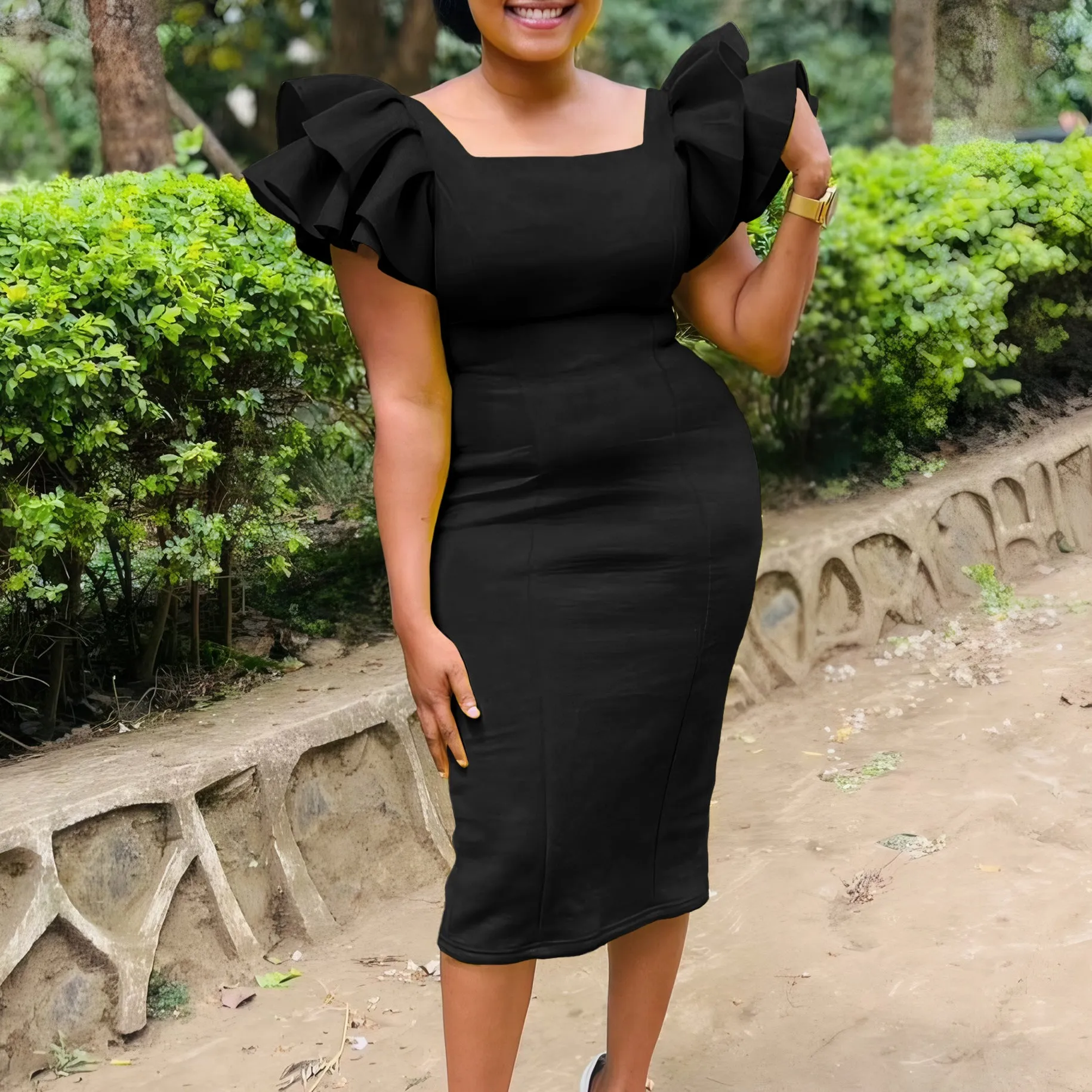 Elegant Ruffled Sleeve Square Neck Fitted Midi Dress