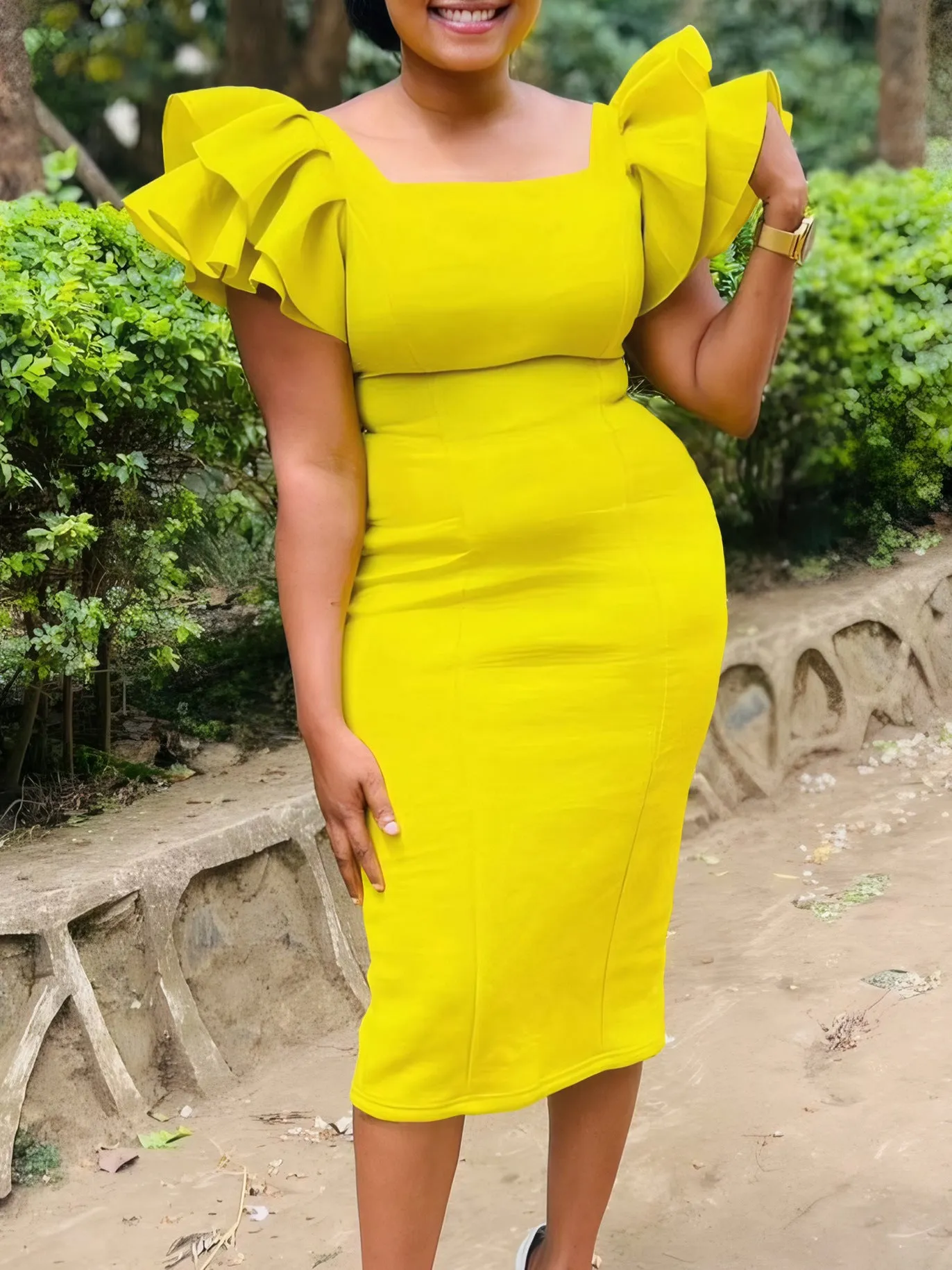 Elegant Ruffled Sleeve Square Neck Fitted Midi Dress