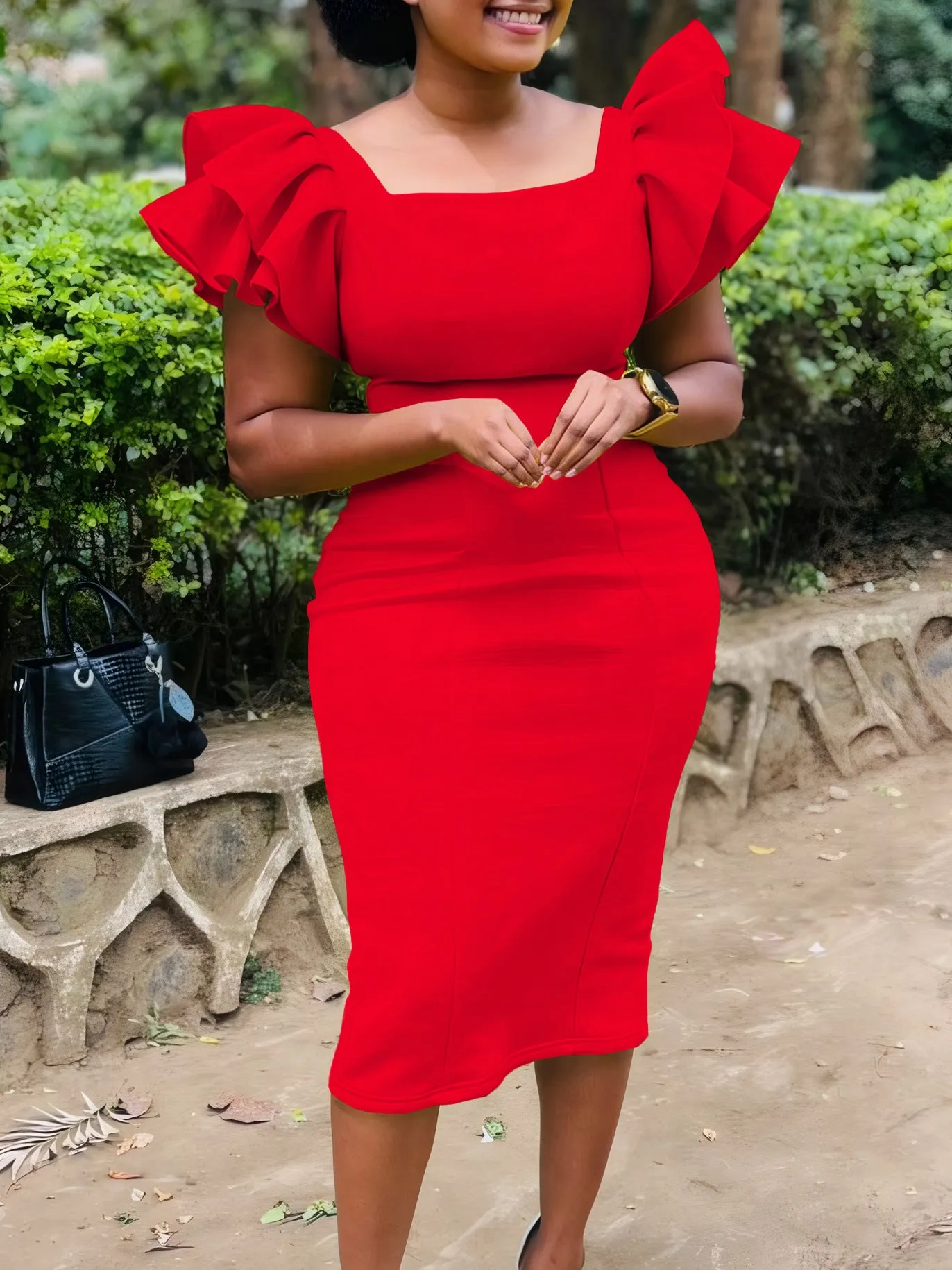 Elegant Ruffled Sleeve Square Neck Fitted Midi Dress