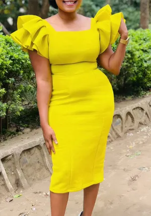 Elegant Ruffled Sleeve Square Neck Fitted Midi Dress