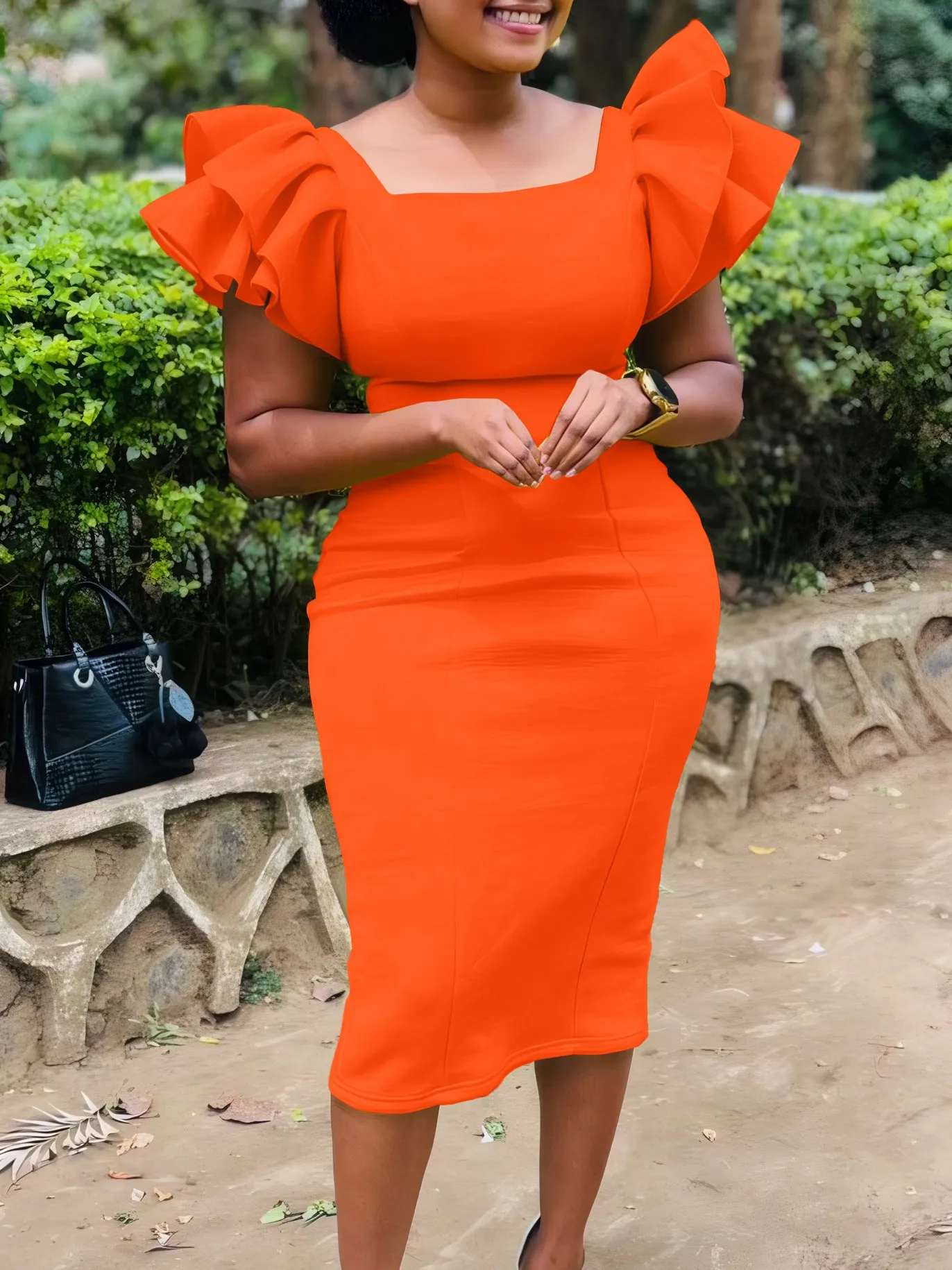 Elegant Ruffled Sleeve Square Neck Fitted Midi Dress