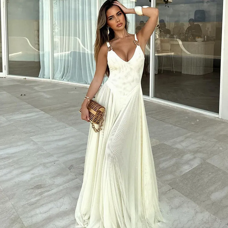 Ethereal Flowing V-Neck Low-Back Maxi Dress for Elegant Sophistication