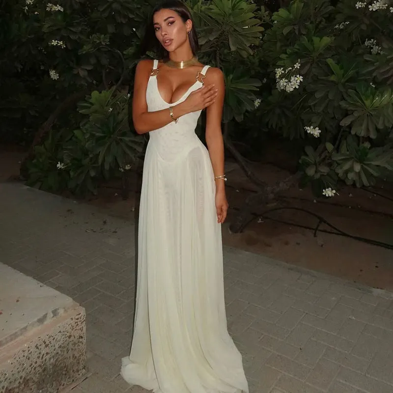Ethereal Flowing V-Neck Low-Back Maxi Dress for Elegant Sophistication