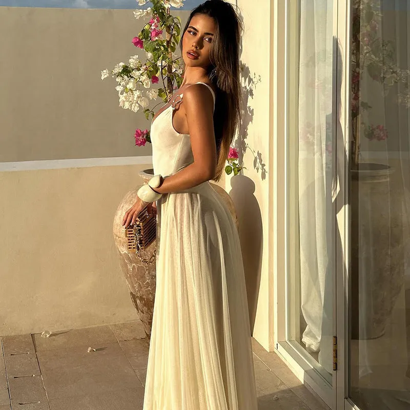 Ethereal Flowing V-Neck Low-Back Maxi Dress for Elegant Sophistication