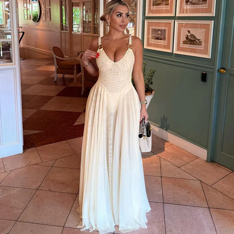 Ethereal Flowing V-Neck Low-Back Maxi Dress for Elegant Sophistication