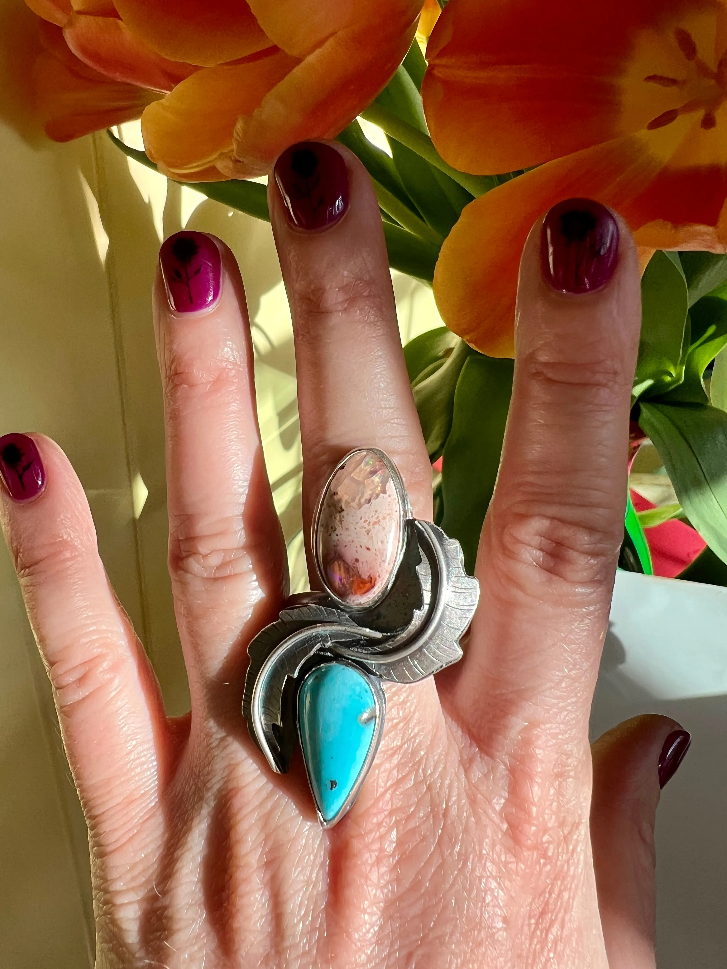 Feather Ring in Opal and Turquoise size 9