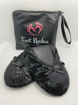 Foldable Ballet Slippers and Matching Bag - Black Sequined