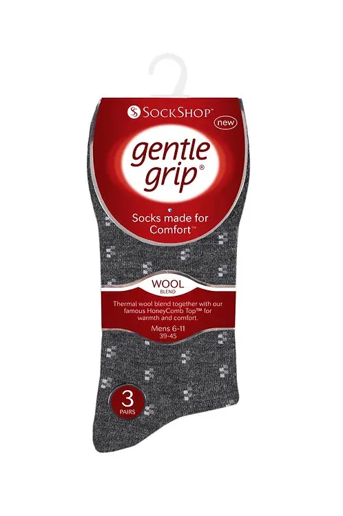 Gentle Grip 3pk Mens Socks - Black Wool Pattern