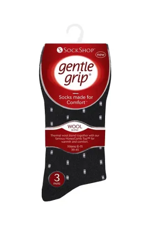 Gentle Grip 3pk Mens Socks - Black Wool Pattern