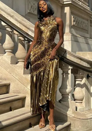 Glamorous Sleeveless Shiny Pleated Long Evening Gown