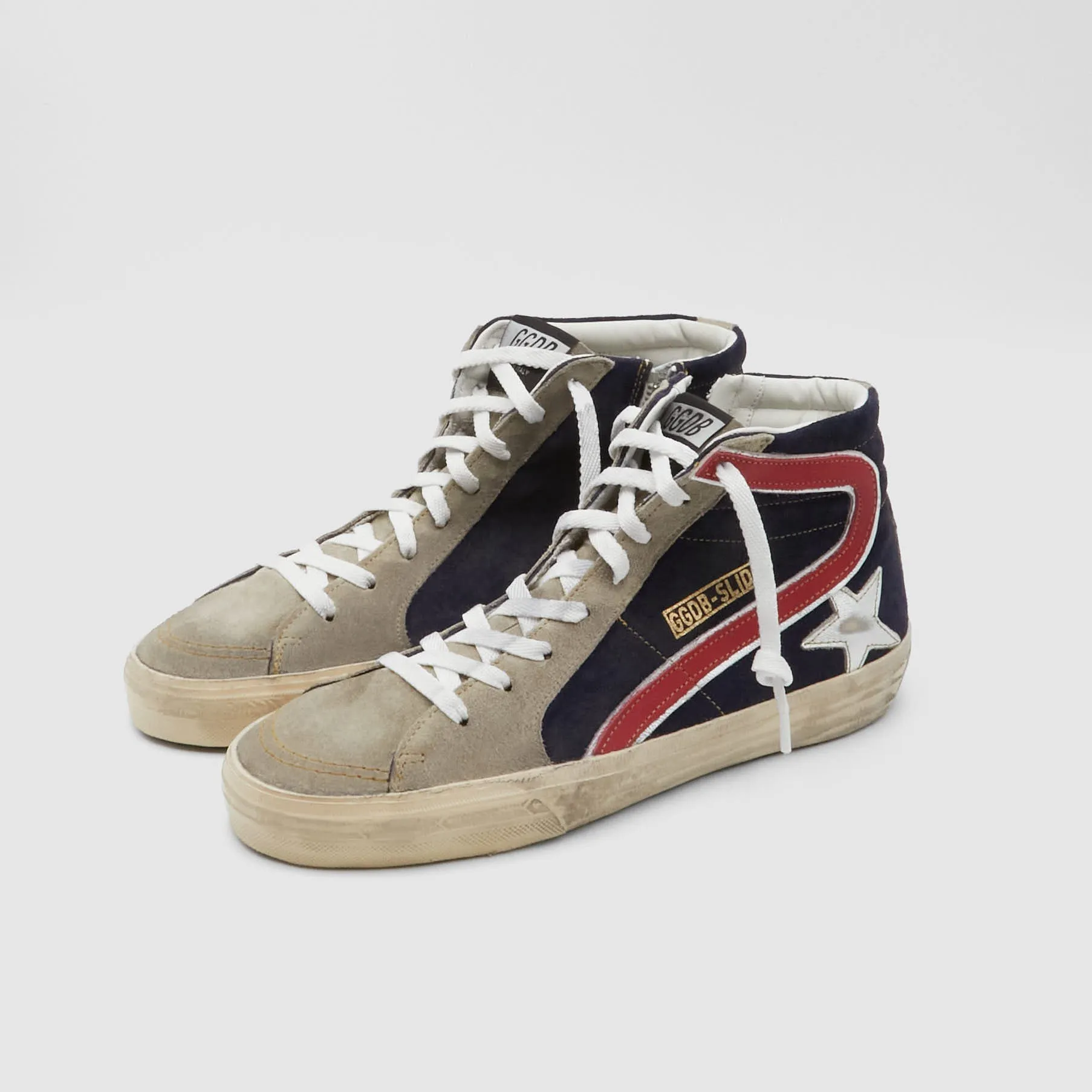 Golden Goose Slide Leather and Suede Sneaker Grey/ Black/ Red