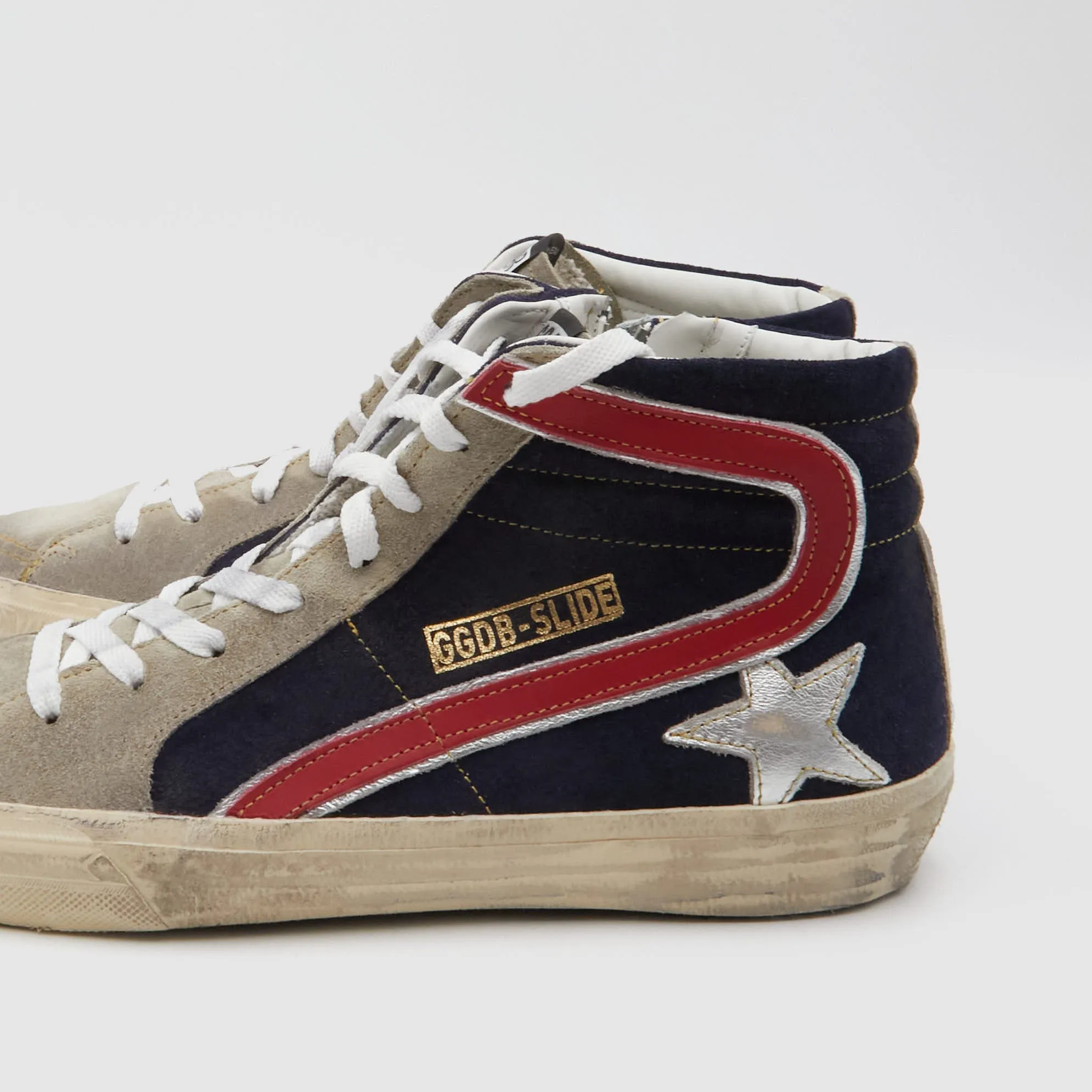 Golden Goose Slide Leather and Suede Sneaker Grey/ Black/ Red
