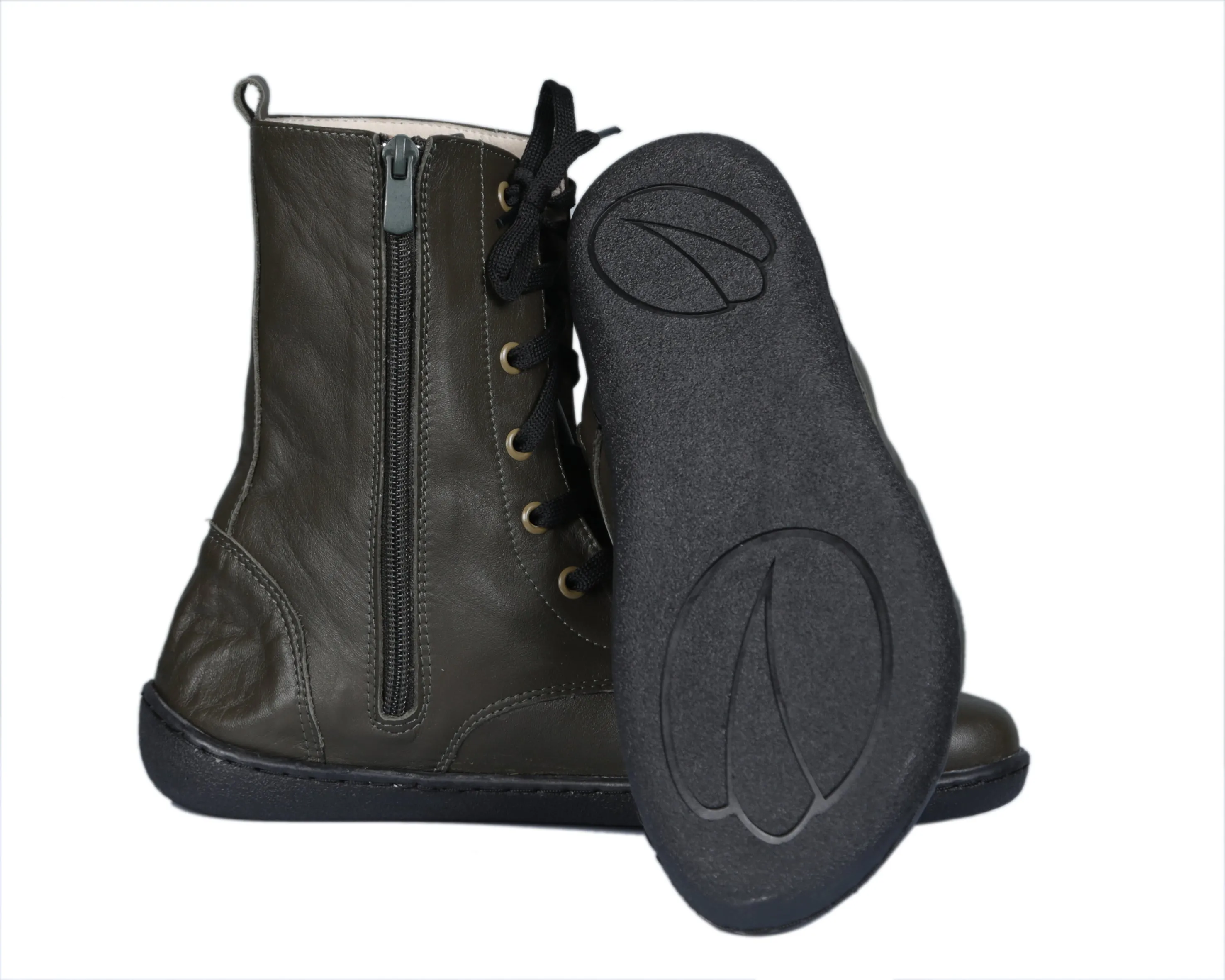 Green Long Zipper Boots Wide Barefoot Shoes Smooth Leather Handmade 6mm Rubber Outsole