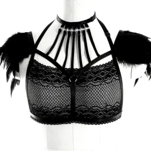 Handmade Classical Lace Bra with Feather Epaulettes Shoulder Wings Vintage Sheer Aristocrat Lady Dress
